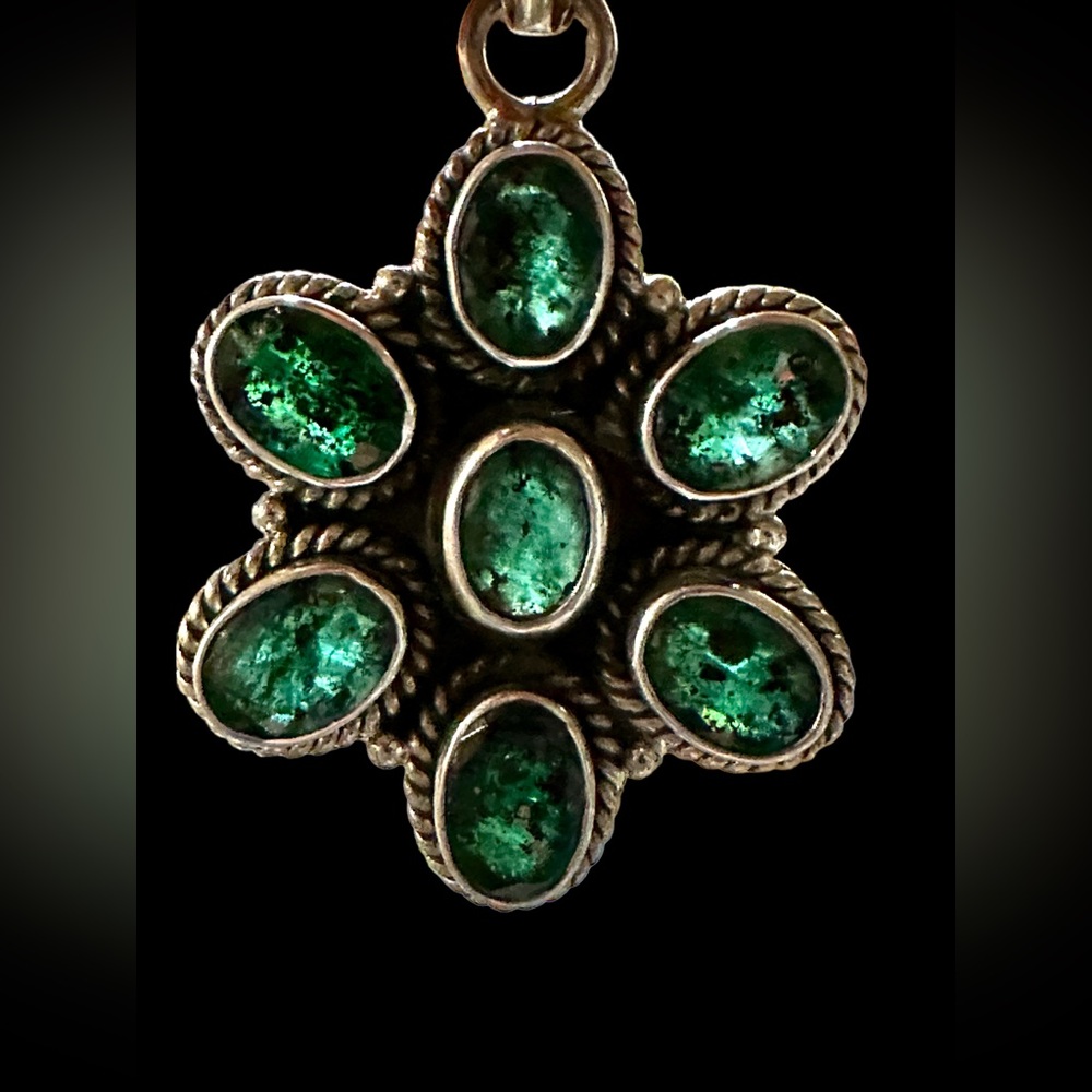 Sterling Silver Emerald Flower Pendant 7 gemstones rope accent 1.78” x 1”
